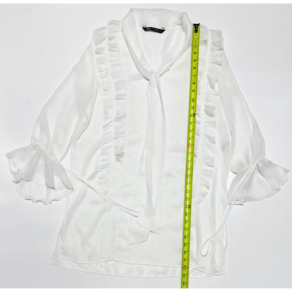 Zara White Ruffle Tie Neck Blouse Long Sleeve Victorian Style Top Med See Thru
